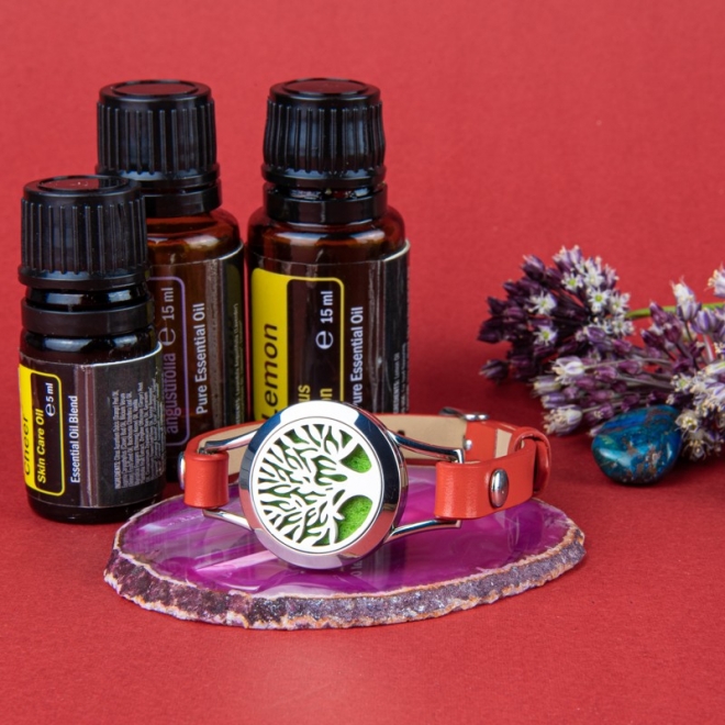 Bratara Aromaterapie uleiuri esentiale, Curea din Piele rosie Copacul Vietii | Ezera