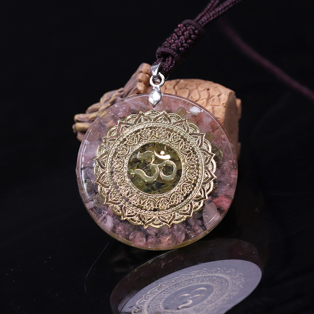 Pandantiv pietre semipretioase Olivina si Cuart Roz orgon Zaide cu simbol OM