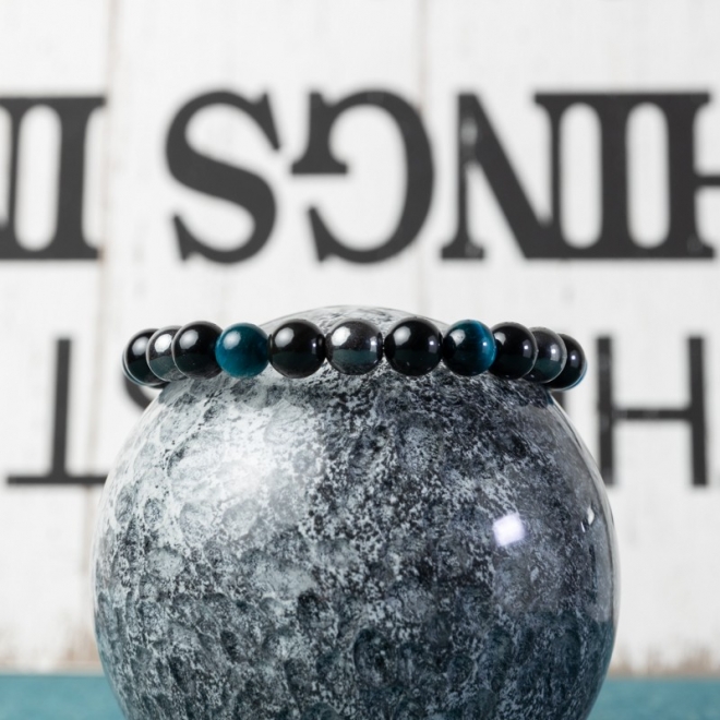 Bratara barbati Ohas din cristale de Ochi de Tigru Royal Blue, Hematit si Obsidian, sfere de 8mm
