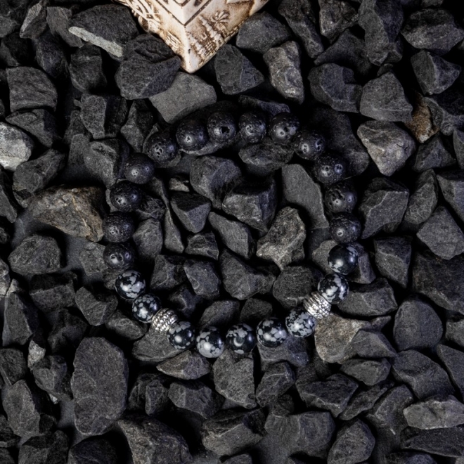 Bratara barbati Suveer din Piatra de lava si Snow Flake Obsidian, sfere de 8mm