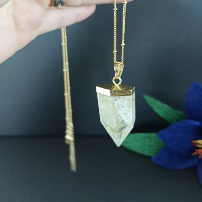 Colier cristale cu pandantiv varf Citrin, Savita, placat cu aur 18K, simbol al norocului si abundentei