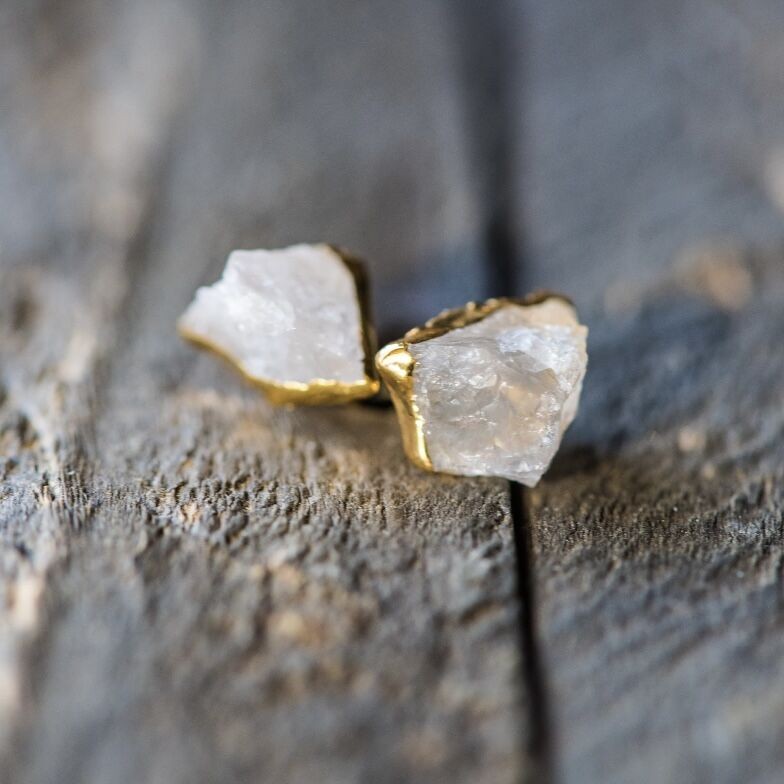 Cercei piatra naturala Cuart Transparent, cercei cu cristal brut, placati cu aur de 18K