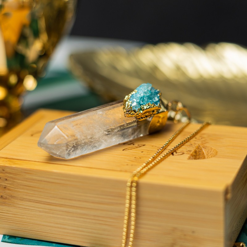 Lant cristale Ira cu pandantiv Cristal de Stanca, Varf de Cuart transparent, placat cu aur si Druzy Agate