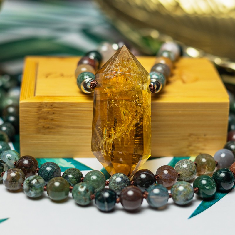 Colier Mantra Mala 108 pietre semipretioase Agat Indian, Alisha, cu cristal de Citrin varf dublu