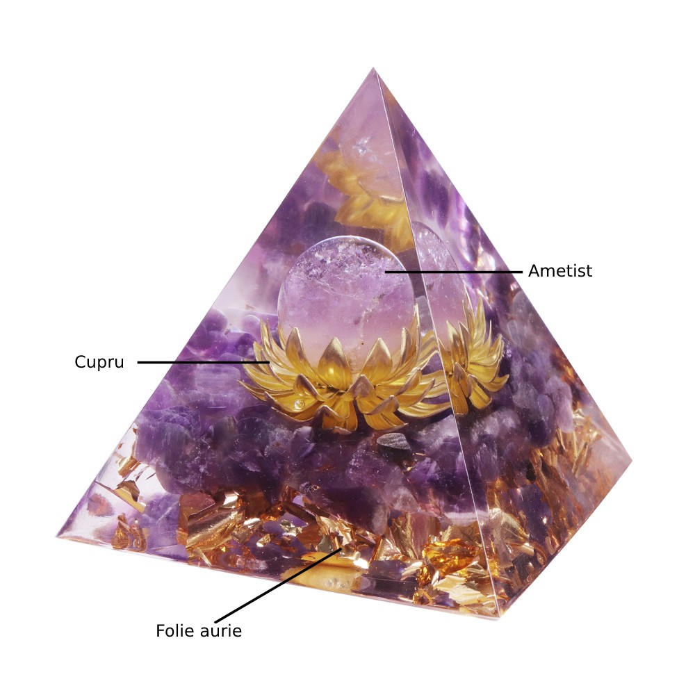 Piramida orgonica Lotus cu Sfera de Ametist, baza de 6 cm
