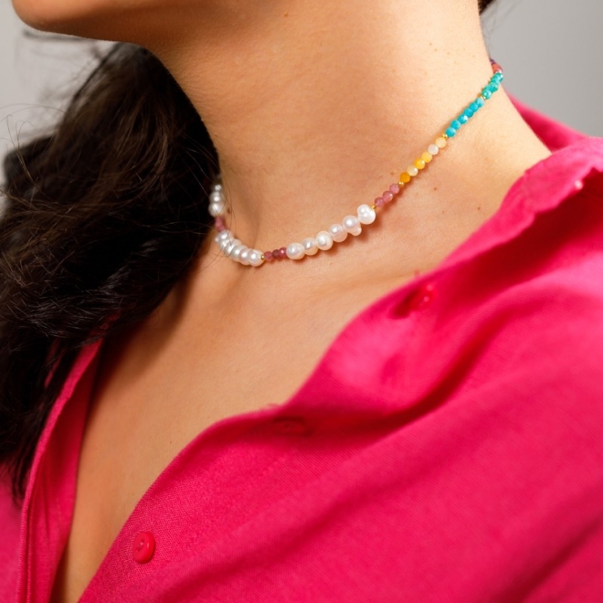 Colier Taya din perle naturale si cristale de Turmalina roz, Topaz, Amazonit si Ametist din Argint 925 placat cu aur