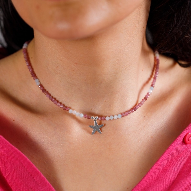 Colier Harini din cristale de Turmalina Roz si Morganit cu charm Steluta de Mare, din argint 925