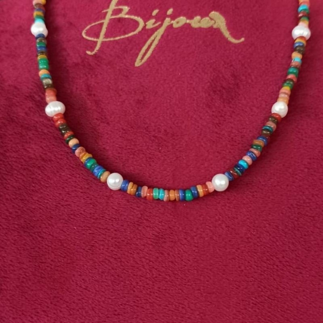 Colier Choker Ayana din cipsuri de scoici colorate si perle naturale din argint 925