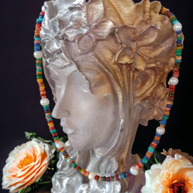 Colier Choker Ayana din cipsuri de scoici colorate si perle naturale din argint 925