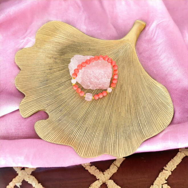 Bratara femei Karissa din margele de coral si cuart roz cu accesorii din argint 925 placat cu aur