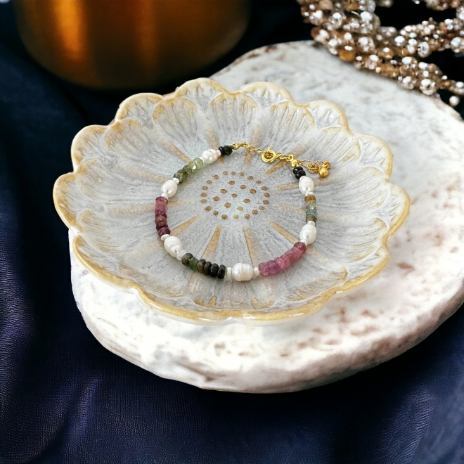 Bratara din Perle Naturale si Cristale de Turmalina Multicolora cu argint
