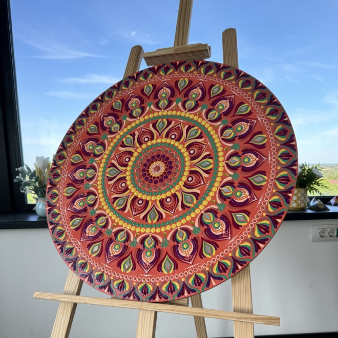 Tablou Mandala unicat in culori vibrante cu oglinzi, 60 cm